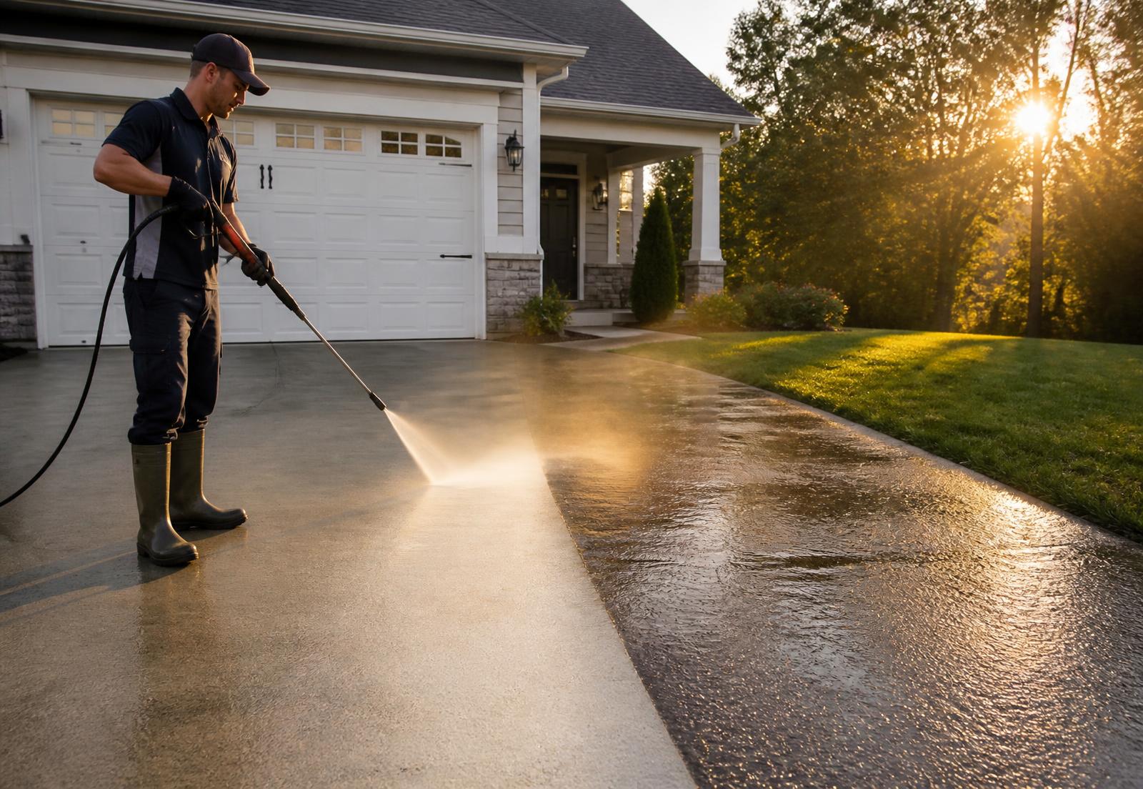 Pressure washing contractor cleaning a home driveway at sunset