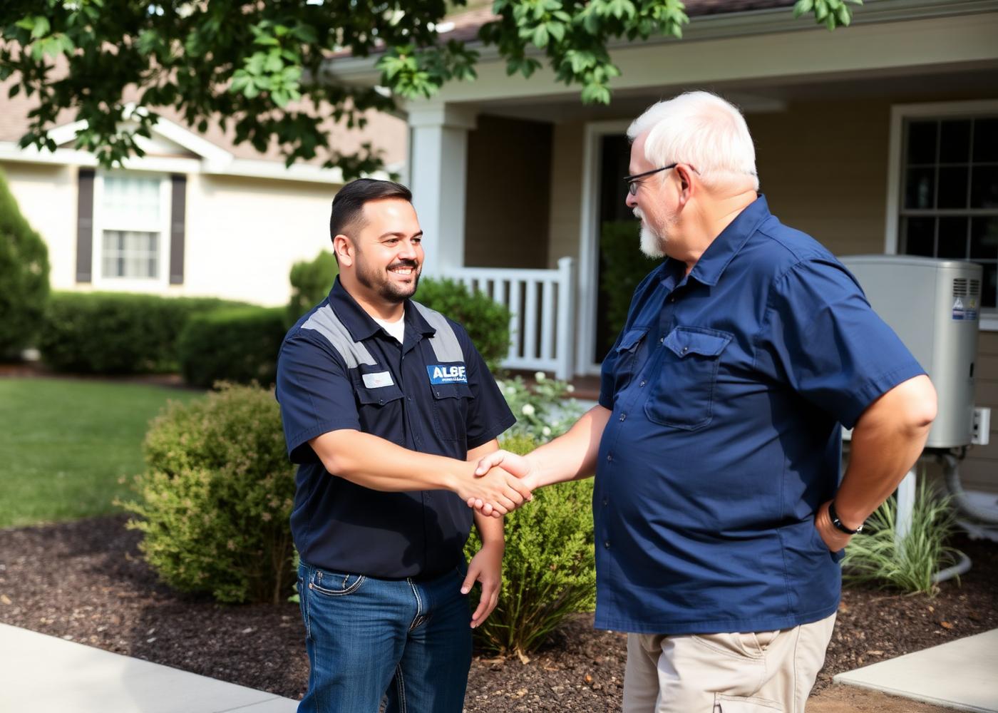 Pressure washing pro shaking hands with a homeowner outside their house
